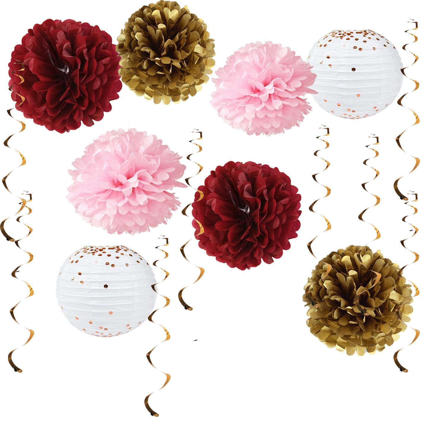Burgundy Pink Gold Happy Birthday Banner & Polka Dot Paper Lanterns - Fall Birthday Party Decorations Set for Autumn, Halloween, Thanksgiving Celebrations - Perfect for Home, Office & Outdoor Decor