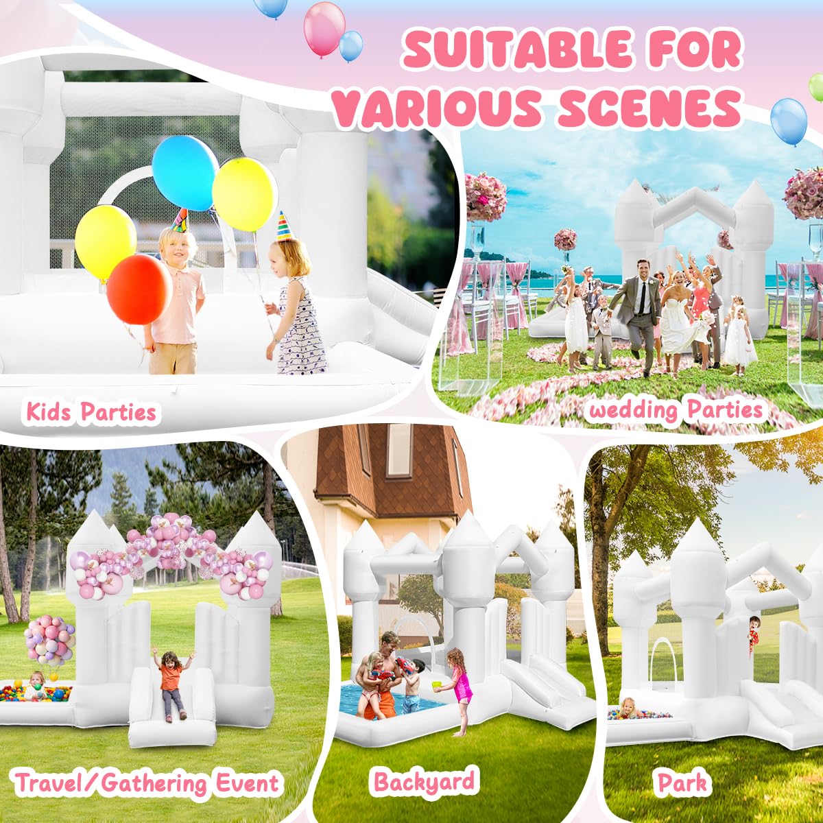 **Inflatable Bounce House for Kids with Slide - White Bouncy Castle for Birthday Parties, Weddings, Backyard & Indoor/Outdoor Fun (Includes Blower) - Perfect for Playdates, Events & Family Gatherings**