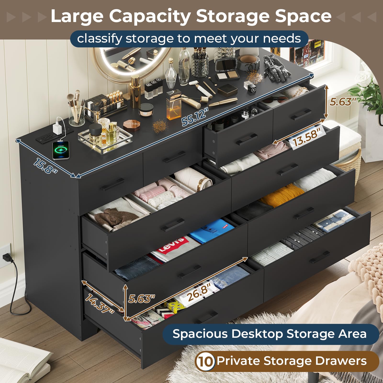 DICTAC 10-Drawer Black Dresser for Bedroom - Large Storage Chest Organizer with Power Outlets, 55.1