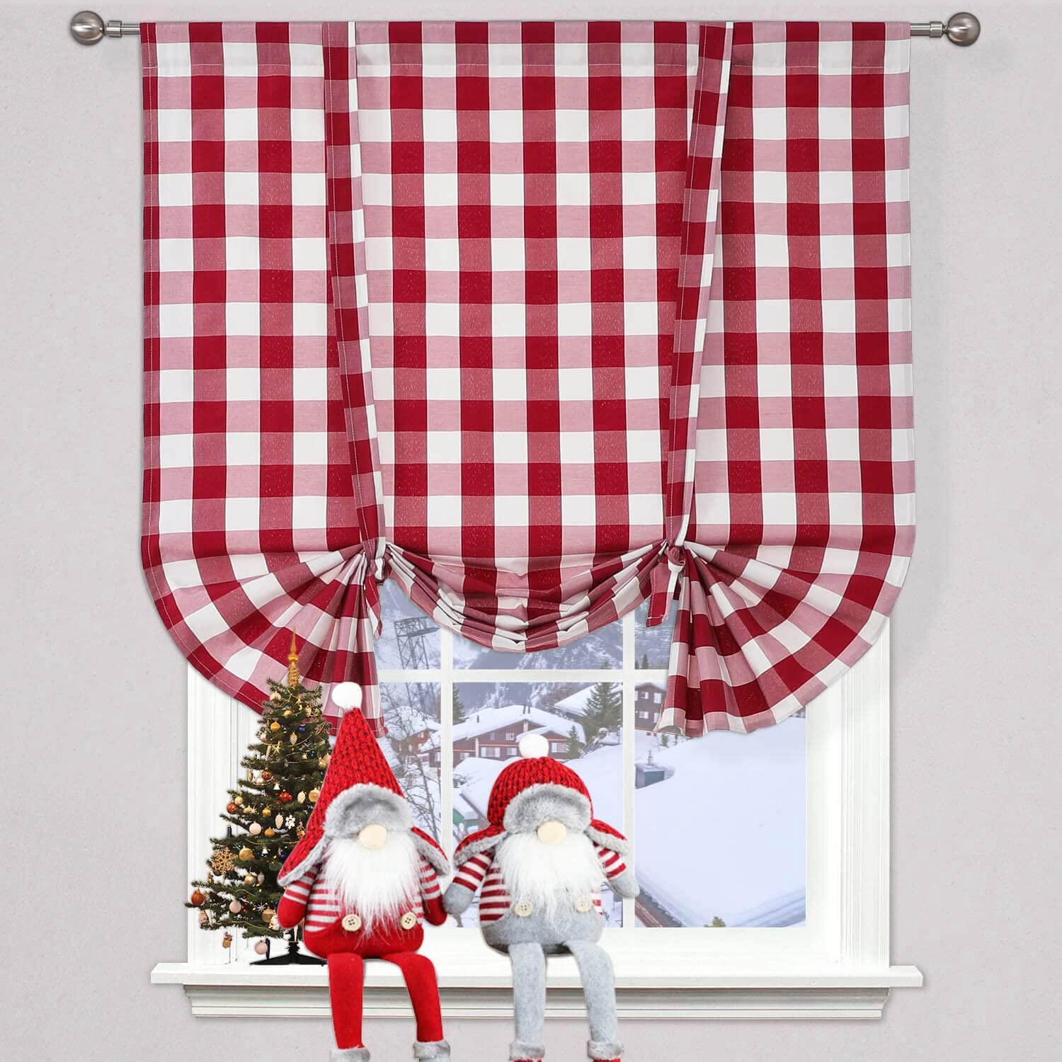 WUBODTI Christmas Red and White Buffalo Plaid Tie-Up Roman Curtains - 63 Inch Length Adjustable Check Gingham Balloon Shade for Kitchen, Bathroom & Small Windows - Perfect for Farmhouse, Holiday Decor & Cozy Home Styling