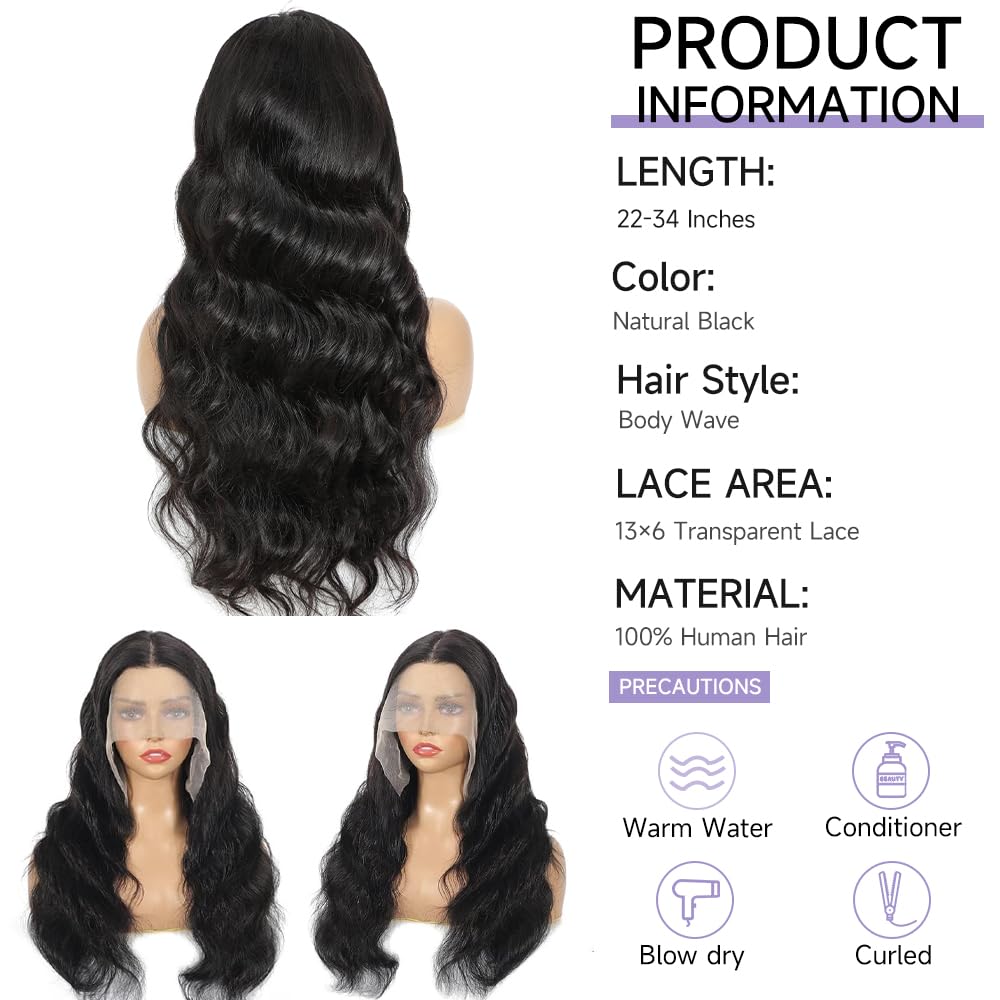 32 Inch Body Wave Lace Front Wigs Human Hair - Pre Plucked Bleached Knots 13x6 HD Lace Frontal - 200% Density Natural Black Wig for Women - Perfect for Daily Wear, Cosplay & Special Occasions