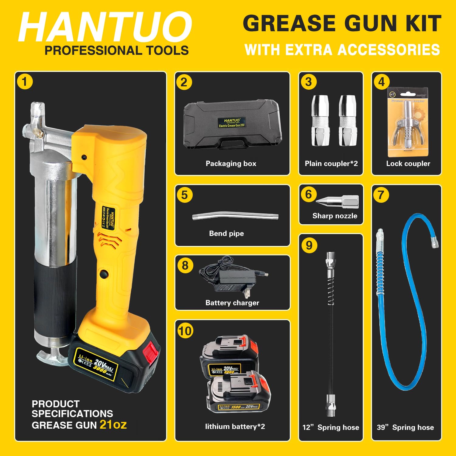 20V Cordless Grease Gun 10000 PSI with 2 Batteries - for Automotive & Industrial Maintenance
