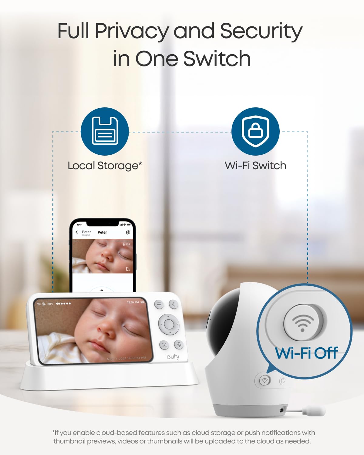 eufy Security Baby Monitor E21 - 4K UHD Camera with 5'' 720p Display | 8X Zoom | Hybrid Wi-Fi & No Wi-Fi Option | 24/7 App Recording | Pan-Tilt | Portable with Built-in Battery | ANR Technology | Perfect for Nursery, Travel & Home Security Monitoring