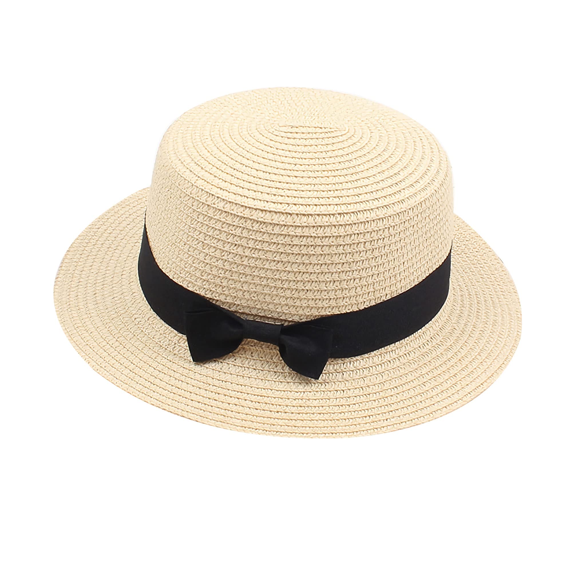Women's Straw Boater Hat - Classic Flat Top Sun Hat with Bowknot for Beach, Summer Outfits & Outdoor Activities