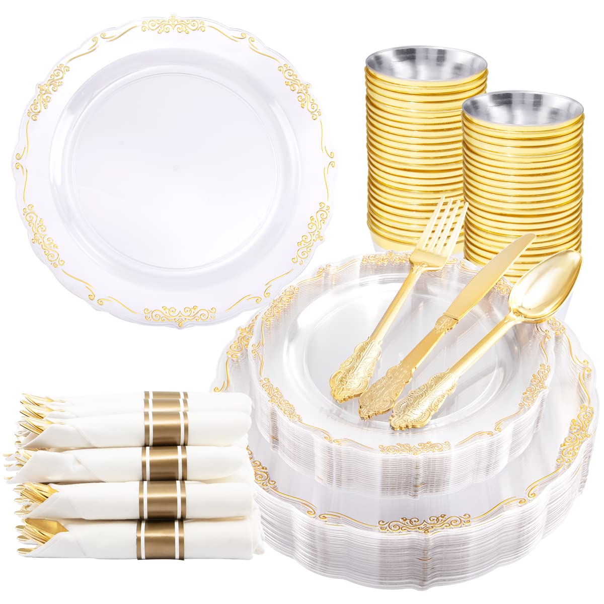 U-QE 175-Piece Gold Plastic Party Dinnerware Set - 25 Dinner Plates, 25 Dessert Plates, 25 Gold Cutlery, 25 9oz Cups & 25 Rolled Napkins - Elegant Disposable Tableware for Wedding, Birthday, Anniversary & Holiday Celebrations