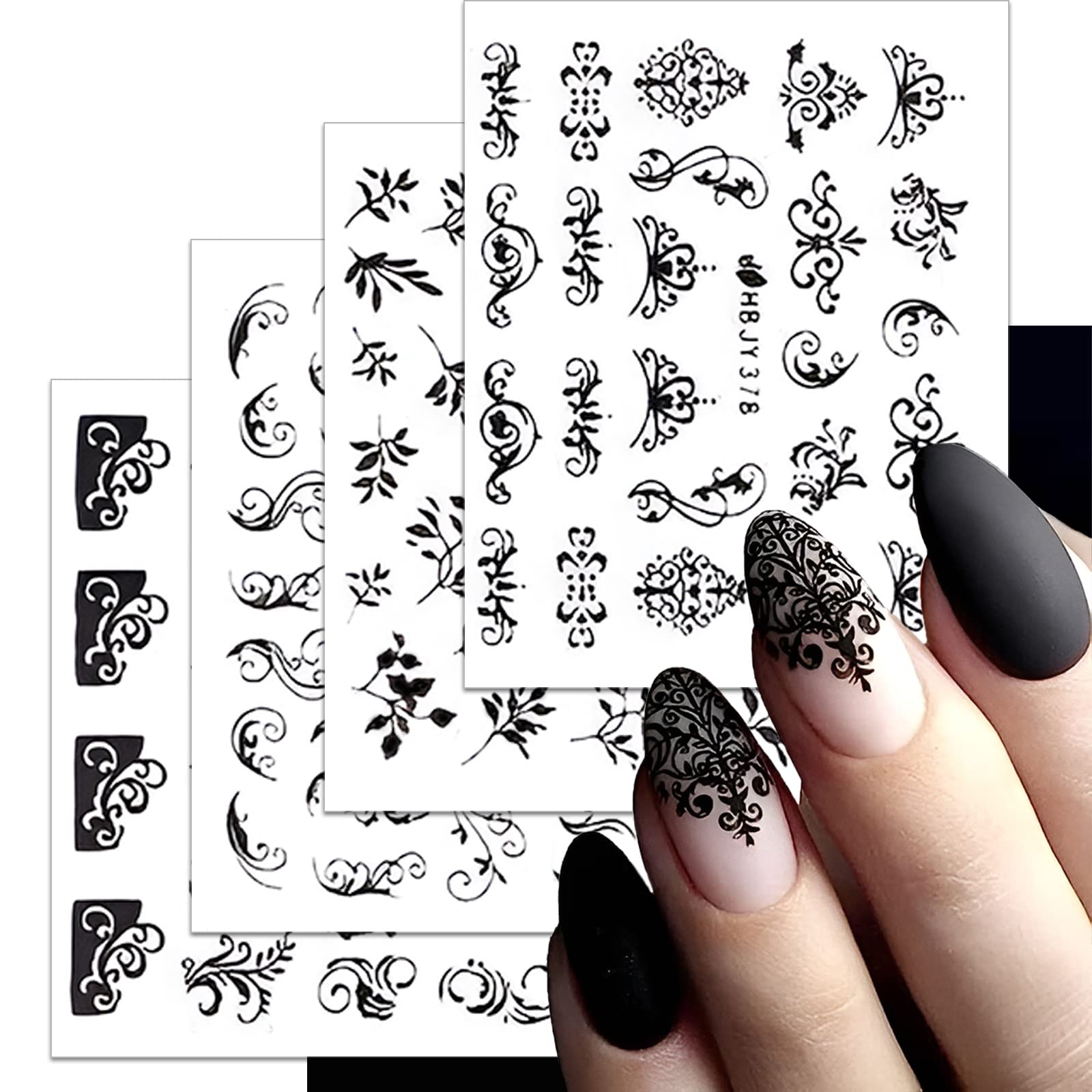 12 Sheets Black Floral Nail Stickers - 3D Self-Adhesive Nail Decals with Vintage Lace & Flower Vine Designs for Women | Perfect for Manicures, Nail Art, Salon Use & Special Occasions