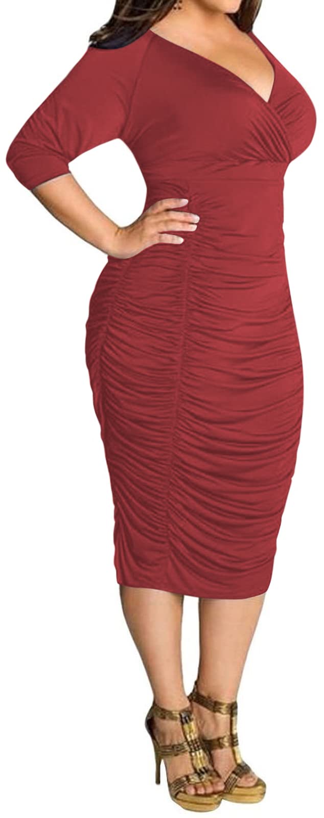 Yajedo Women's Plus Size Bodycon Dress - Sexy V Neck Short Sleeve Ruched Cocktail Midi Dress for Party, Club & Evening Wear | Flattering Figure-Hugging Design for Curvy Women