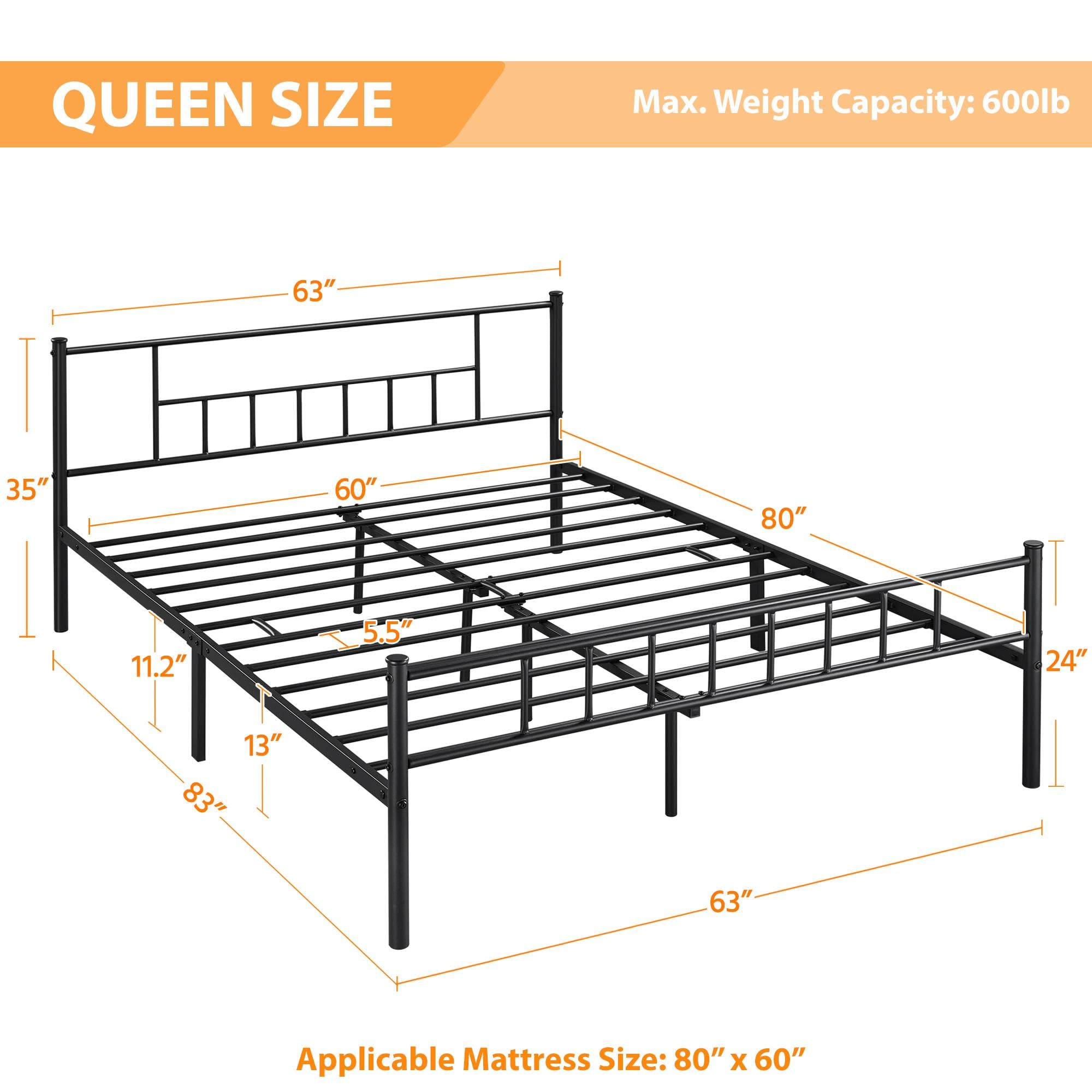 Topeakmart Queen Size Metal Bed Frame with Headboard & Footboard - No Box Spring Needed, Steel Slat Support & Under Bed Storage - Sturdy Platform Bed Frame in Black for Master Bedroom, Guest Room or Dorm
