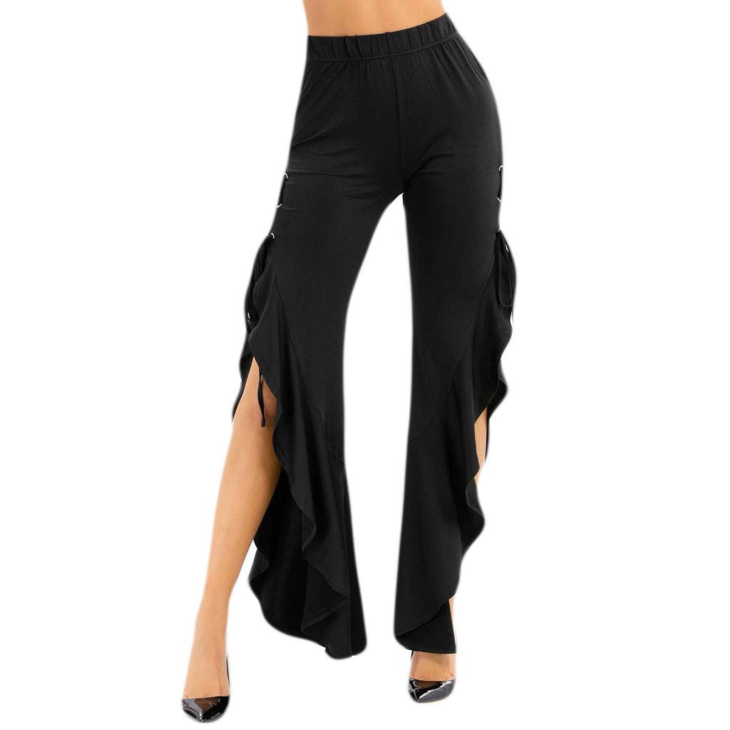 Women's Flare Long Slit Pants with Side Pockets & Lace-up Detail - High Waisted Flounced Trousers for Casual Wear | Perfect for Office, Date Night & Weekend Outfits