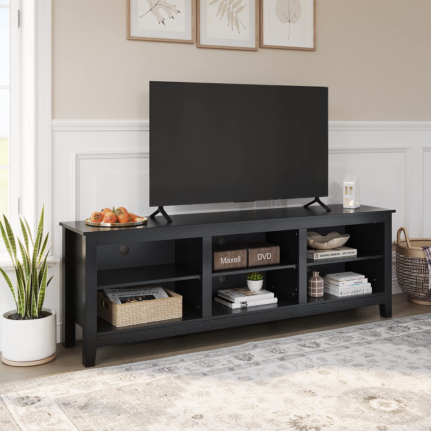 Panana 6-Cubby TV Stand for 80 Inch TVs - Black Media Storage Cabinet with Open Shelves - Perfect for Living Room, Bedroom & Home Theater Setup