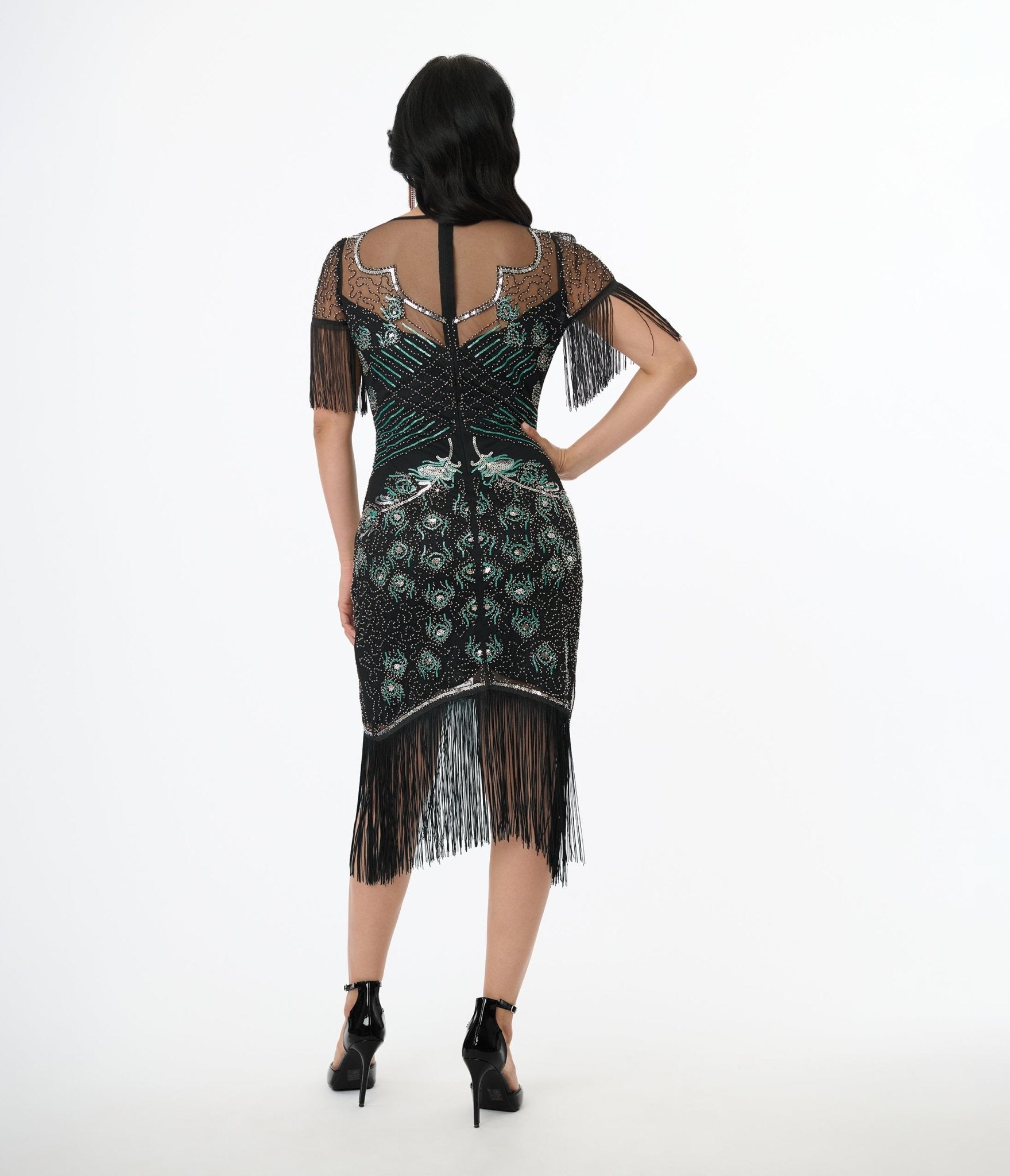Vintage Black & Teal Peacock Beaded Flapper Dress with Fringe - 1920s Gatsby Party Costume, Roaring 20s Theme Outfit, Burlesque Show Performance Dress