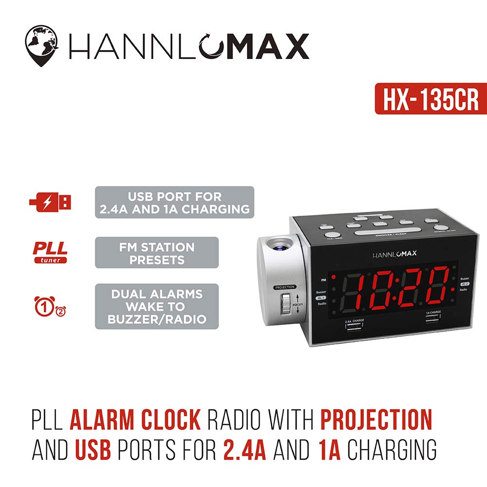 HANNLOMAX HX-135CR Projection Alarm Clock Radio with Dual USB Charging Ports (2.4A+1A), FM Radio, Dual Alarms & 1.2