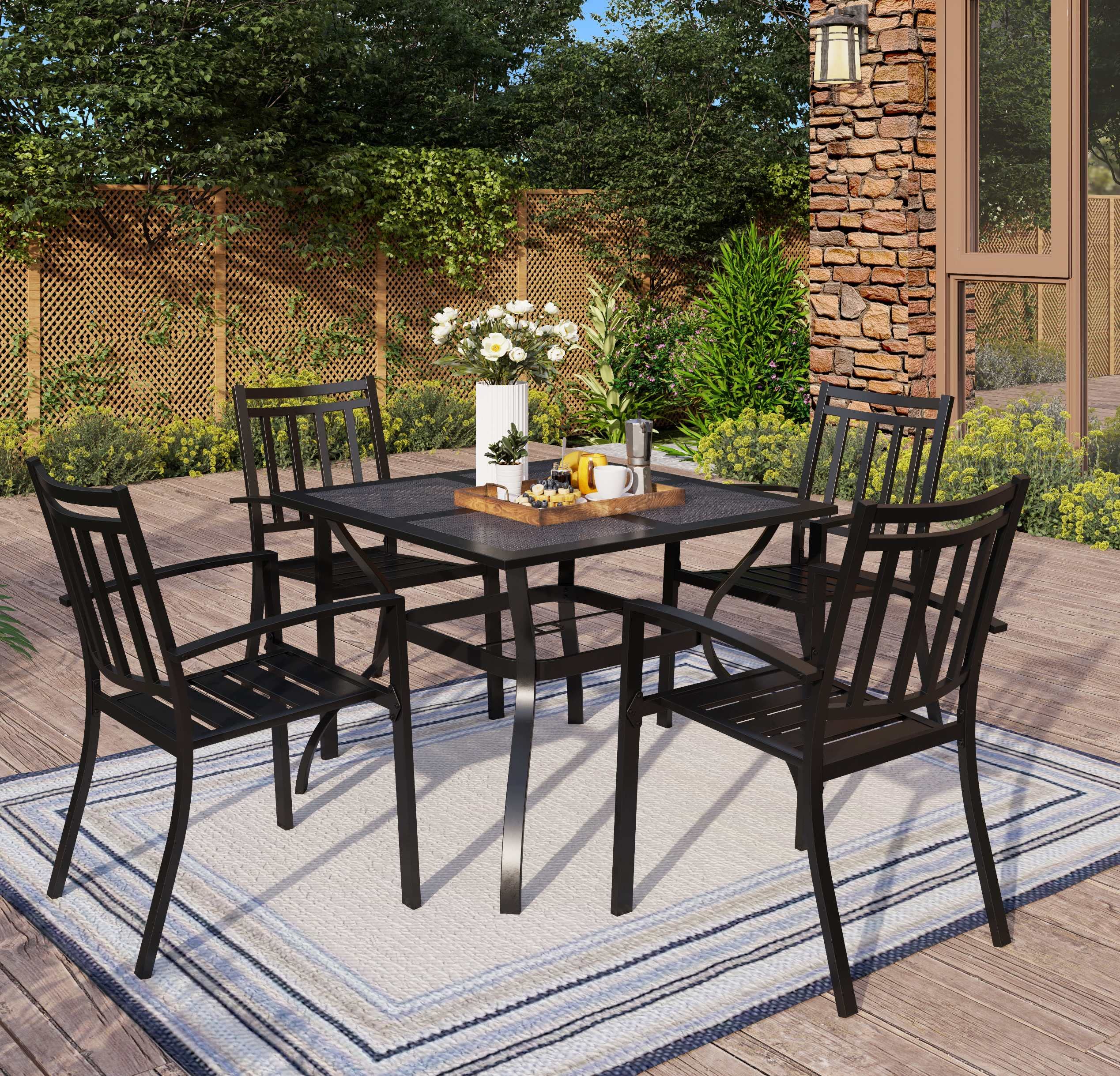 MFSTUDIO 5-Piece Outdoor Patio Dining Set - 4 Stackable Metal Slat Arm Chairs & 1 Square Metal Table - Durable Garden Furniture for Backyard, Lawn, Poolside & BBQ Gatherings