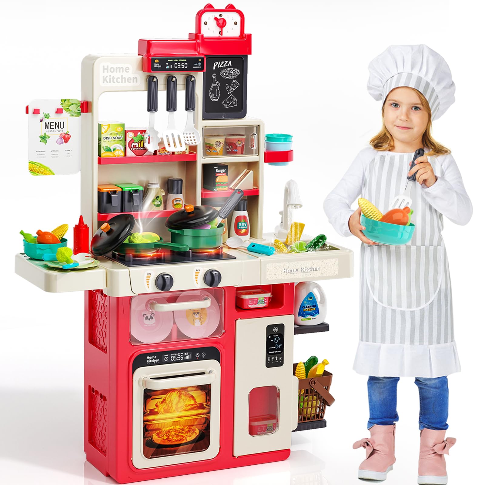 **Red Play Kitchen Set for Kids - Realistic Steam, Sounds, Lights & Sink | Pretend Cooking Toy with Play Food & Accessories | Perfect Gift for Toddlers & Preschoolers (Birthday, Role Play, Learning Fun)**