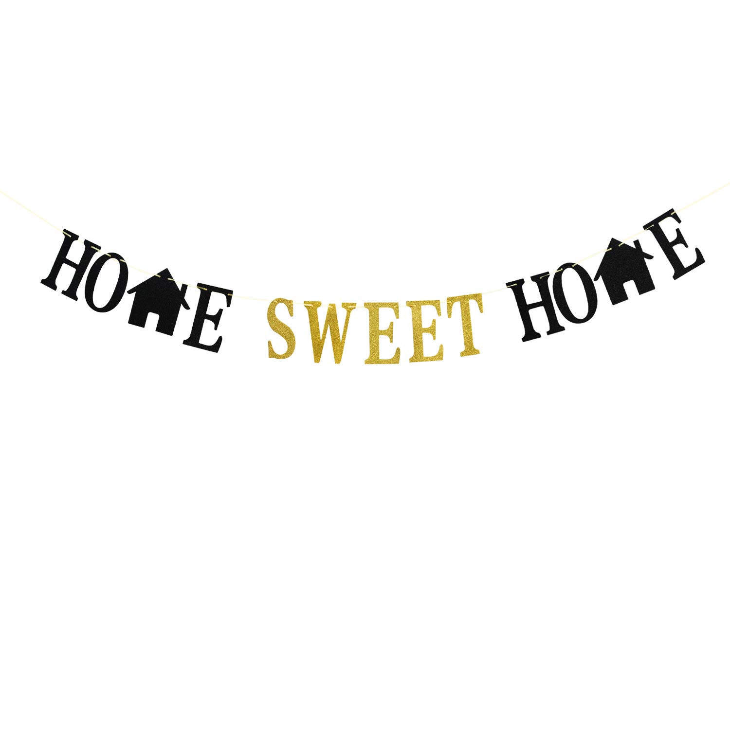 Welcome Home Banner - Gold & Black Glitter Housewarming Decor, Family Party Bunting Garland | Perfect for Front Door Decorations, New Home Gifts & Reunion Celebrations