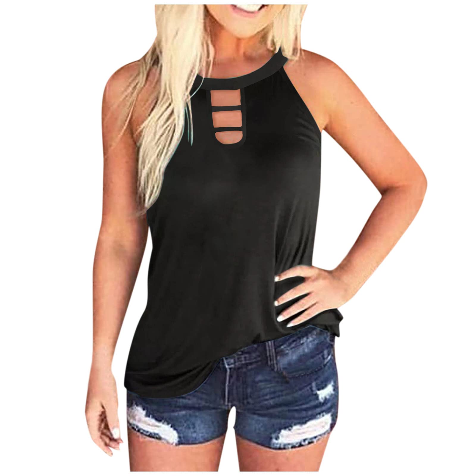Women's Summer Tops - Sleeveless Halter Neck Hollow Out Cami Tank Tops with Beach Print | Casual Blouse & T-Shirt for Vacation, Pool Party & Outdoor Activities