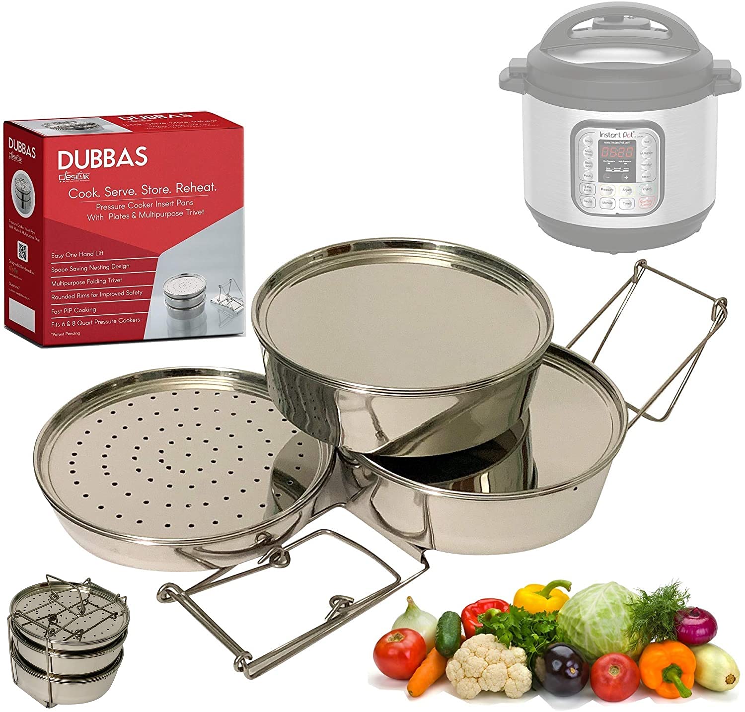 Premium 3-Tier Stainless Steel Stacking Insert Pans for 6 Quart Instant Pot - Steamer Cooker Set with Lids, Plates & Trivet - Perfect for Cooking, Serving, Storing & Reheating Meals - Ideal for Meal Prep, Family Dinners & Healthy Eating