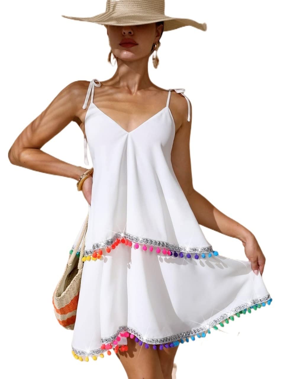 2022 Women's Summer Dresses - Tie Shoulder Pom Pom Trim Cami Dress for Beach, Vacation & Casual Wear | Flowy & Comfortable