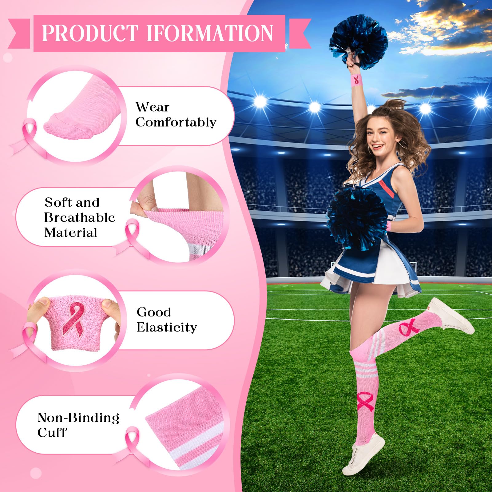 Pink Ribbon Socks & Wristbands Set for Breast Cancer Awareness - Unisex Knee-High Athletic Socks for Women & Men - Perfect for Running, Workouts & Charity Events