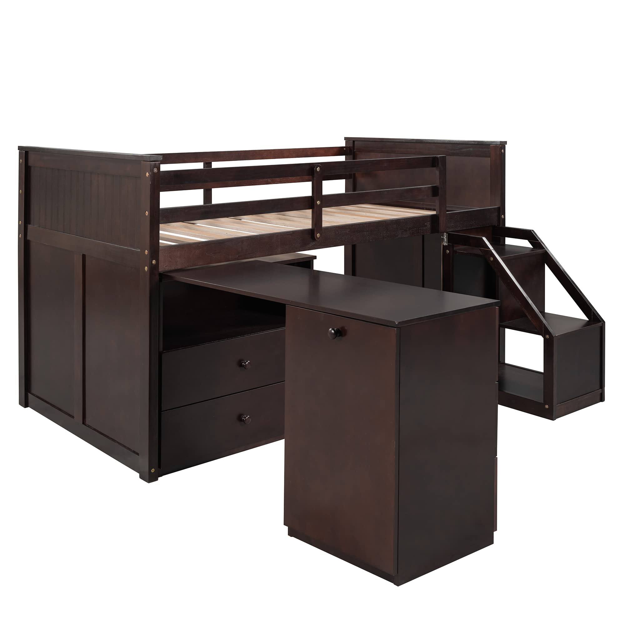 Twin Size Wooden Loft Bed with Storage Steps & Portable Desk - Low Study Loft Bed Frame for Teens & Small Spaces - Espresso & Natural Wood Finish - Perfect for Dorm Rooms, Kids Bedrooms & Studio Apartments