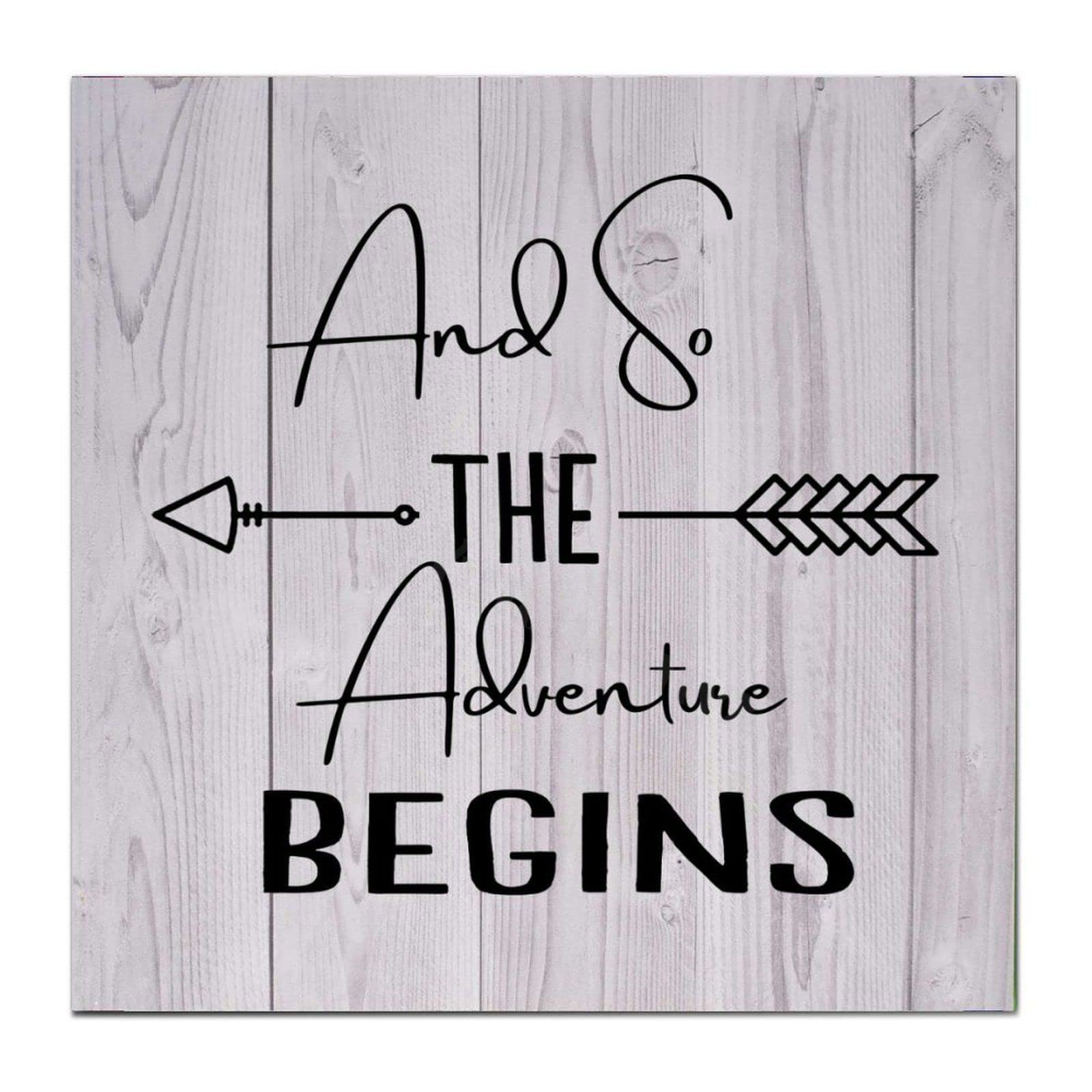 Rustic Wood Sign 'And So The Adventure Begins' - Ready to Hang Wooden Plaque, Front Door Hanger, Wall Art for Bedroom, Living Room & Kitchen - Perfect Housewarming Gift (14x14 Inch) - Ideal for Farmhouse Decor, Wedding Entryway & Cozy Home Accents