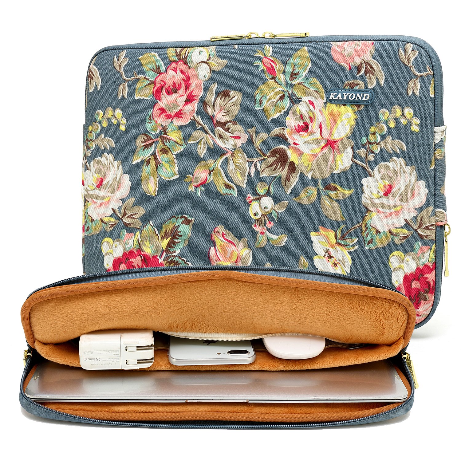 Kayond 13.3 Inch Water-Resistant Canvas Laptop Sleeve - Blue Water Hyacinth Design for Work, Travel, and School