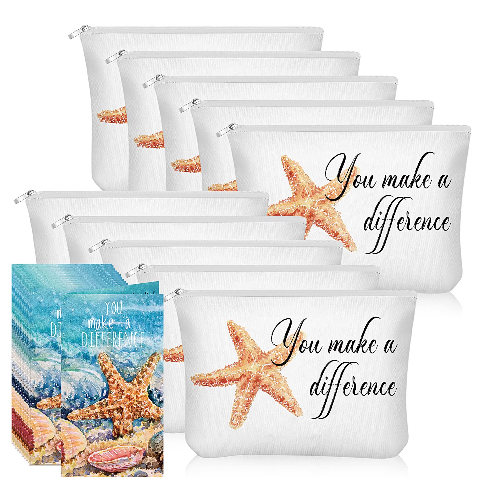 10 Pcs Inspirational Cosmetic Bags with Motivational Poem Cards - Starfish Design Zippered Canvas Makeup Pouch for Women, Employees, Teachers, Nurses - Perfect Appreciation Gifts for Graduation, Birthday, Thank You, Retirement