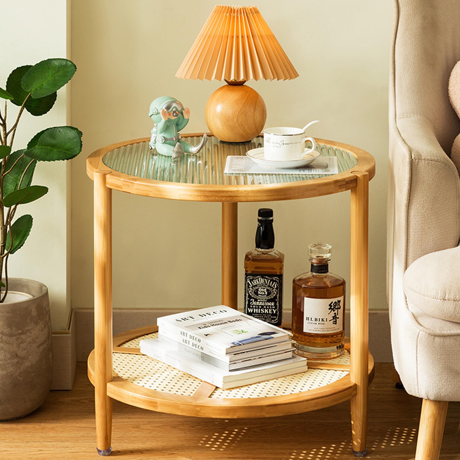 2-Tier Bamboo Round Coffee Table with Glass Top - Modern Small Side Table for Living Room, Bedroom, Balcony or Nightstand - Perfect for Coffee, Books & Decor