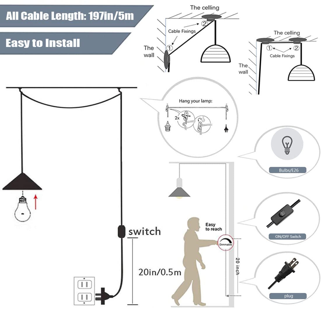 Hand-Woven White Feather Pendant Light with Plug-in Cord - Modern Hanging Ceiling Lamp for Bedroom, Living Room & Dining Room | Soft Ambient Lighting for Cozy Home Decor