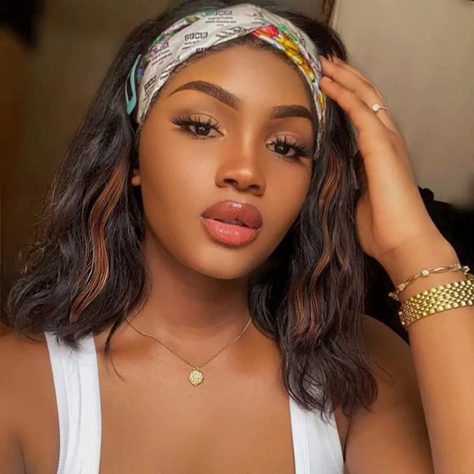 Natural Looking Glueless Headband Wig for Black Women - 16inch Synthetic Long Black Body Wave Heat Resistant Wig (180% Density, 1B/H30#) | Perfect for Daily Wear, Cosplay & Protective Hairstyles