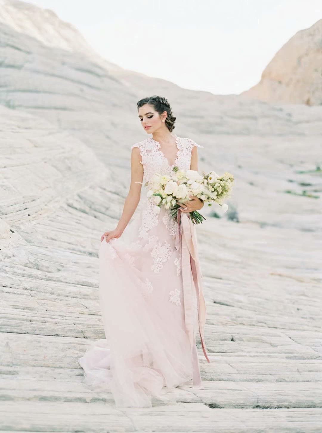 Ruolai Vintage Lace Wedding Dress for Women - Cap Sleeves Boho Bridal Gown Beach Wedding Dress | Perfect for Beach, Garden & Boho Chic Weddings