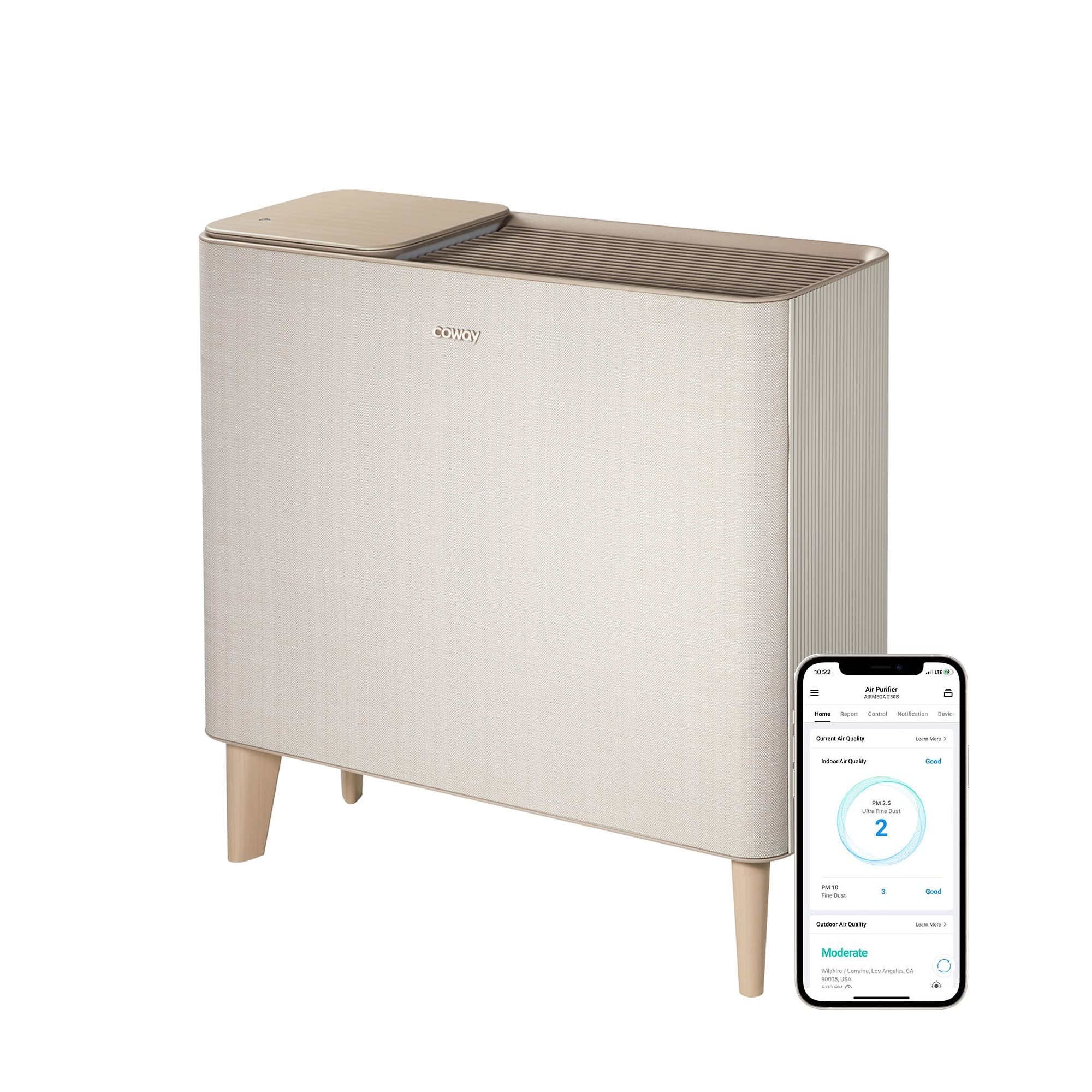 **Coway Airmega Icons Smart Air Purifier with True HEPA Filter – Compatible with Amazon Alexa & App Control, Covers 649 sq. ft – Air Quality Monitor, Auto Mode, Filter Indicator & Wireless Charger – Ideal for Bedrooms, Living Rooms & Offices (Beige)**