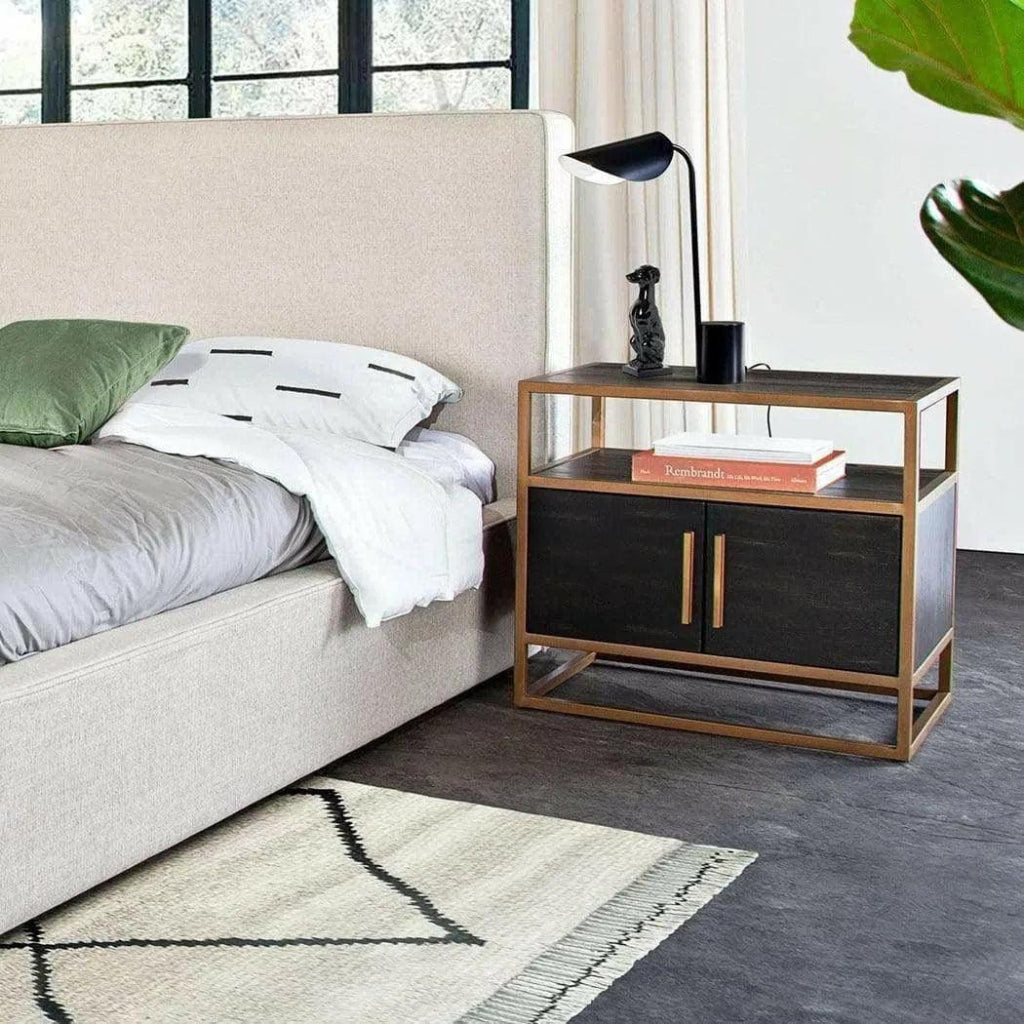 Dark Brown 2-Door End Table with Gold Metal Frame - Perfect for Living Room, Bedroom, or Office Side Table