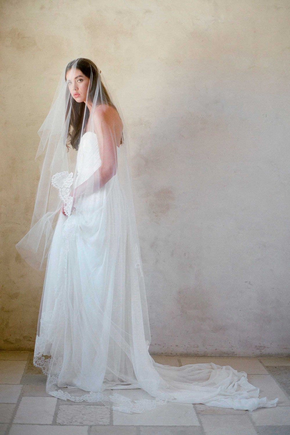 Roseline French Lace Blusher Cathedral Wedding Veil - Ivory or Off White Bridal Accessory | Style V70 for Bridal Shower, Ceremony & Photography
