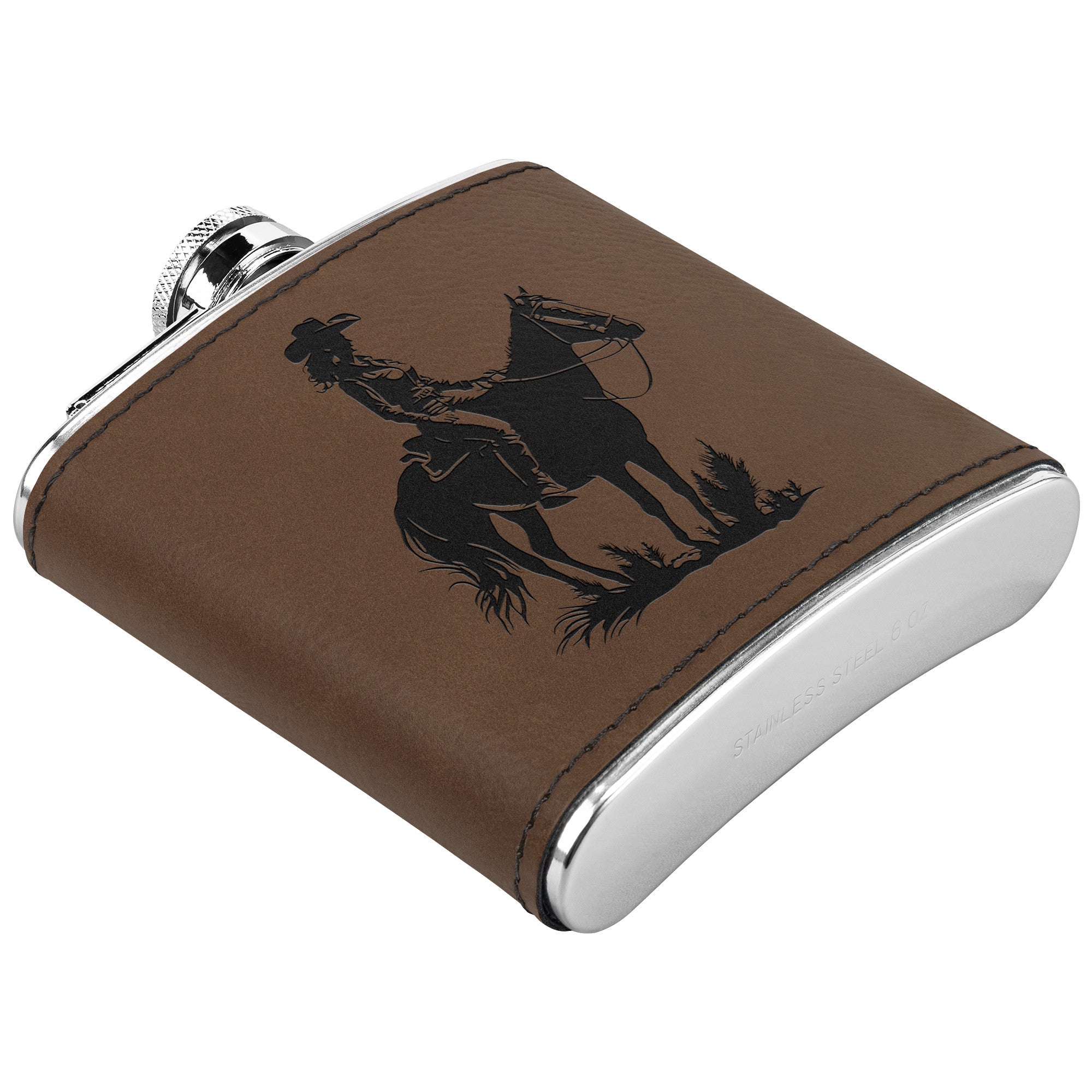 Premium Leather Bound Metal Flask with Cowgirl on Horse Design - Perfect for Outdoor Adventures, Camping, and Western Themed Parties