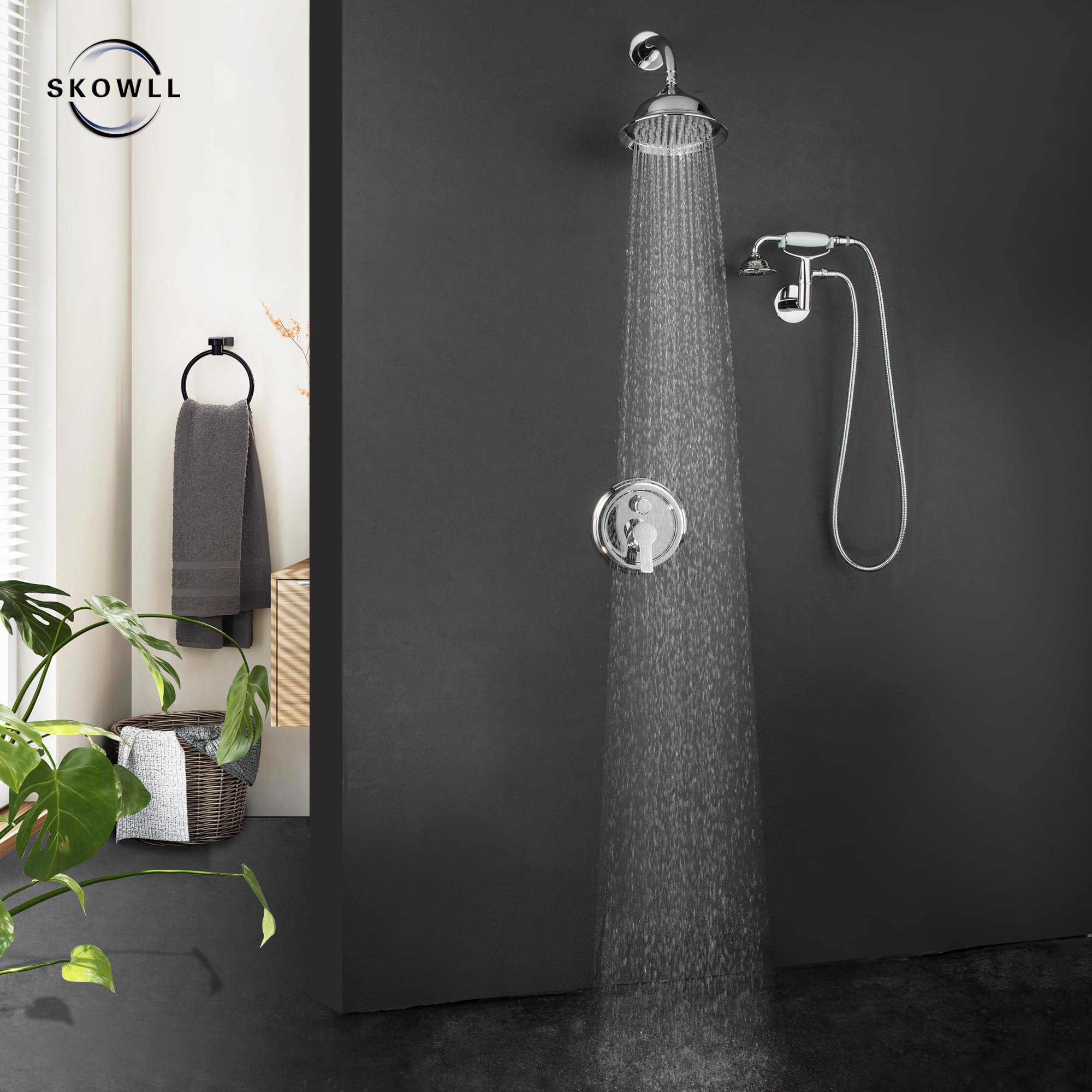 SKOWLL 8 Inch Rainfall Shower Head Set with Handheld Spray - Wall Mount Vintage Shower System, 2 Function Overhead Shower Kit in Polished Chrome - Perfect for Bathroom Renovation & Spa-Like Shower Experience