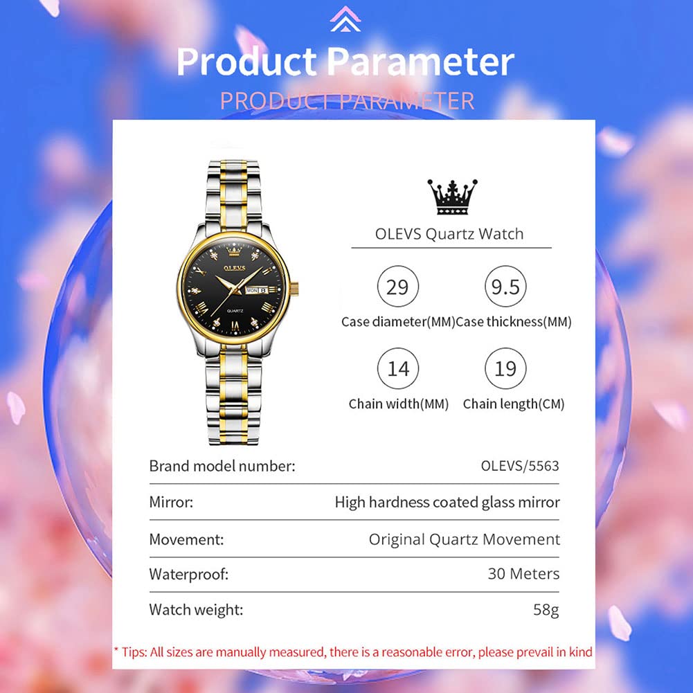 OLEVS Women's Gold Stainless Steel Waterproof Analog Quartz Watch with Date Day - Small Face Fashion Watch for Ladies with Gold, Black & White Dials - Perfect for Work, Parties & Everyday Wear