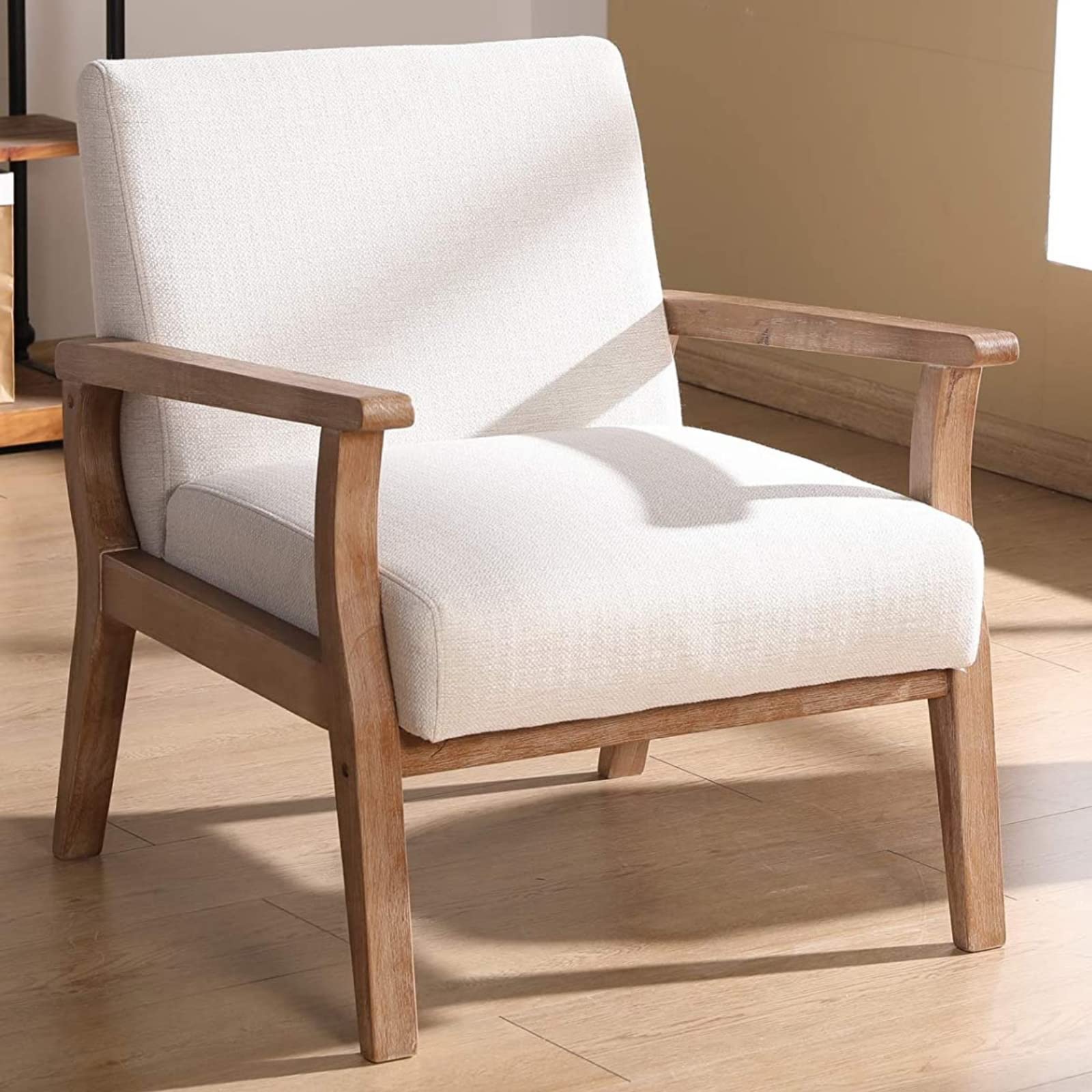 Mid Century Modern Beige Accent Chair - Solid Wood Armchair with Linen Upholstery, Comfortable Sitting Chair for Living Room, Bedroom, Office - Cream Home Decor for Relaxation & Reading Nook