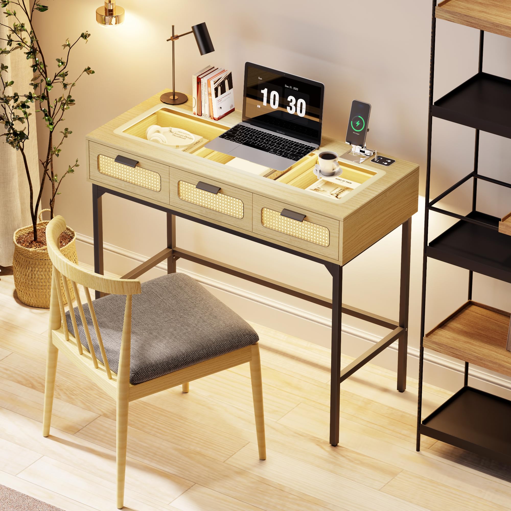 LED Makeup Vanity Desk with Glass Top & Charging Station - Wooden Dressing Table with Rattan Drawers, Modern Bedroom Furniture for Women, Perfect for Makeup Application, Home Office & Beauty Room Organization