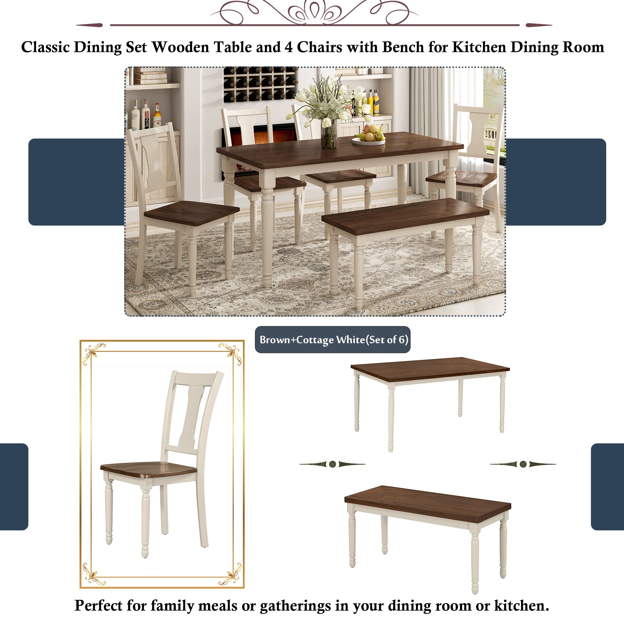 Merax 6-Piece Classic Wooden Dining Table Set with 4 Chairs and Bench - Brown & Cottage White - Perfect for Kitchen, Dining Room, Family Gatherings, and Small Spaces