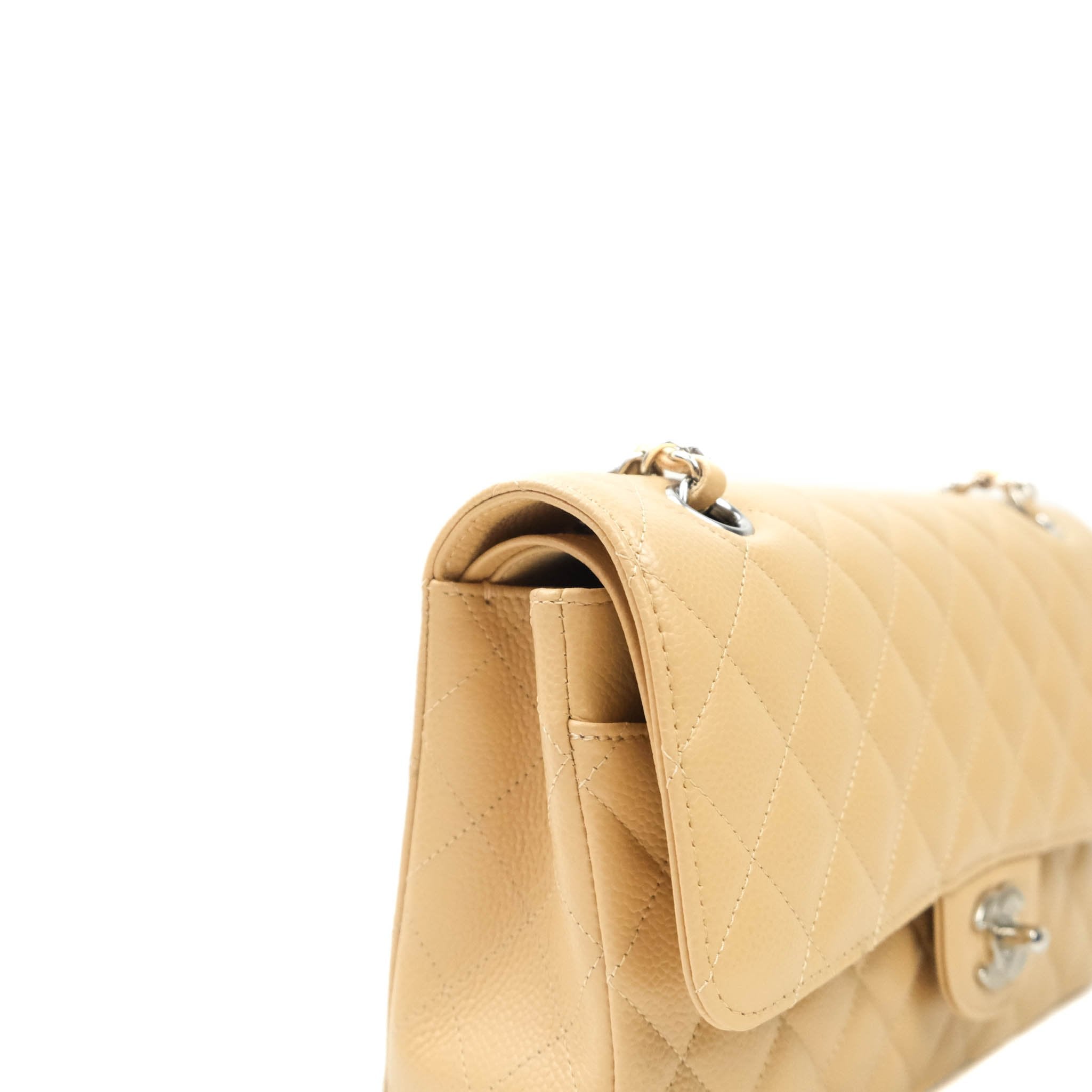 Chanel Classic M/L Medium Double Flap Bag in Beige Caviar Leather with Silver Hardware - Luxury Handbag for Women, Perfect for Work, Parties & Everyday Use