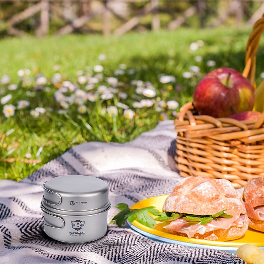 Bestargot 600ml Titanium Camping Pot with 350ml Frying Pan - Lightweight Cookware Set for Backpacking, Hiking & Outdoor Adventures