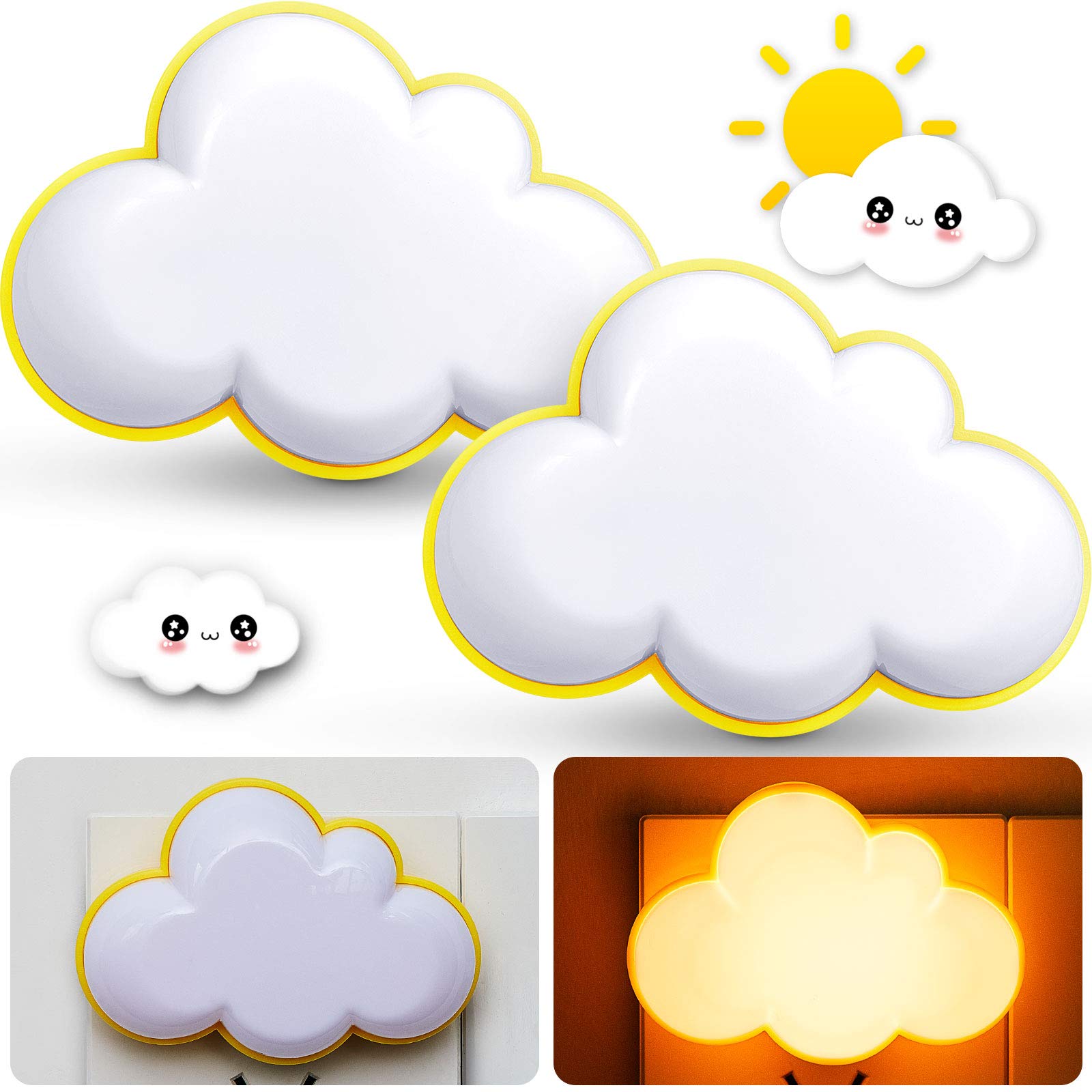2 Pack LED Cloud Night Light - Soft Plug-in Wall Lamp with Warm Sensor for Nursery, Kids Bedroom & Hallway - Cute Baby Nightlight (Yellow) | Perfect for Nighttime Feedings, Bathroom Safety & Soothing Children's Sleep