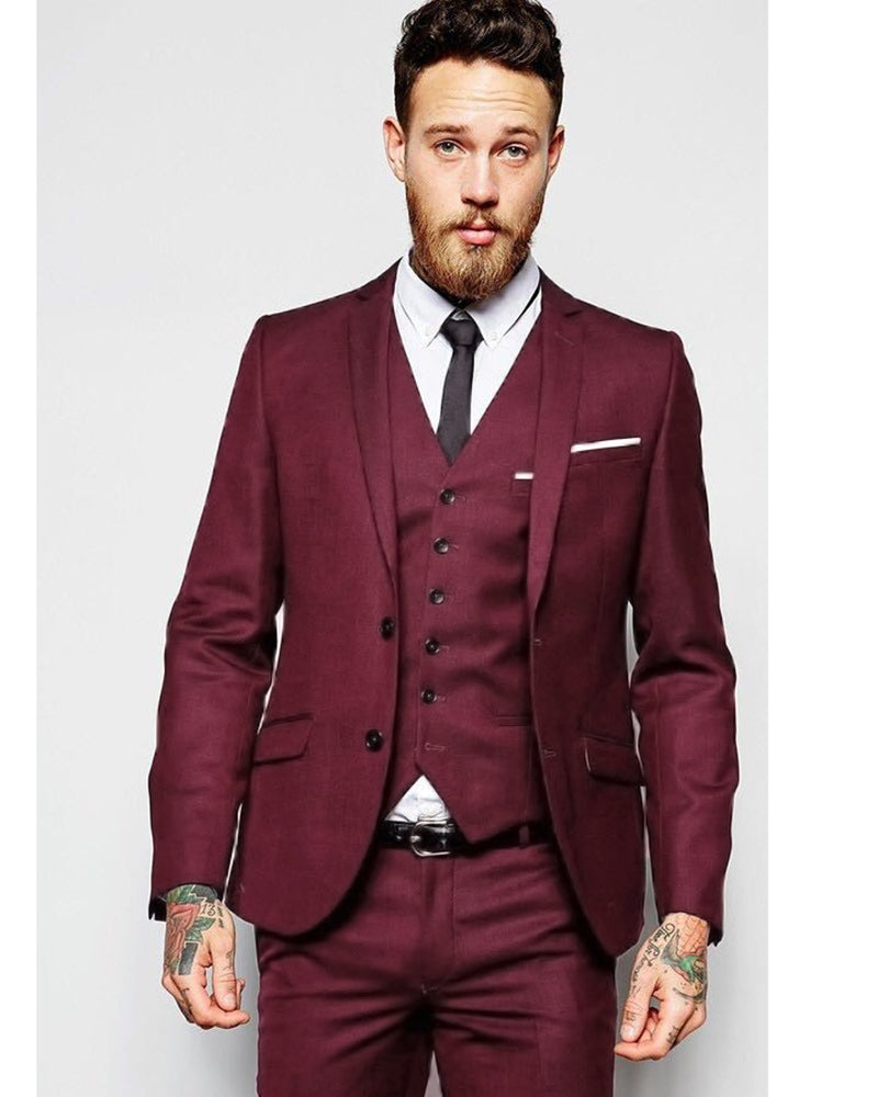 2024 Men's Slim Fit Burgundy Prom Suit 3-Piece Set - Formal Tuxedo for Weddings, Parties & Special Occasions