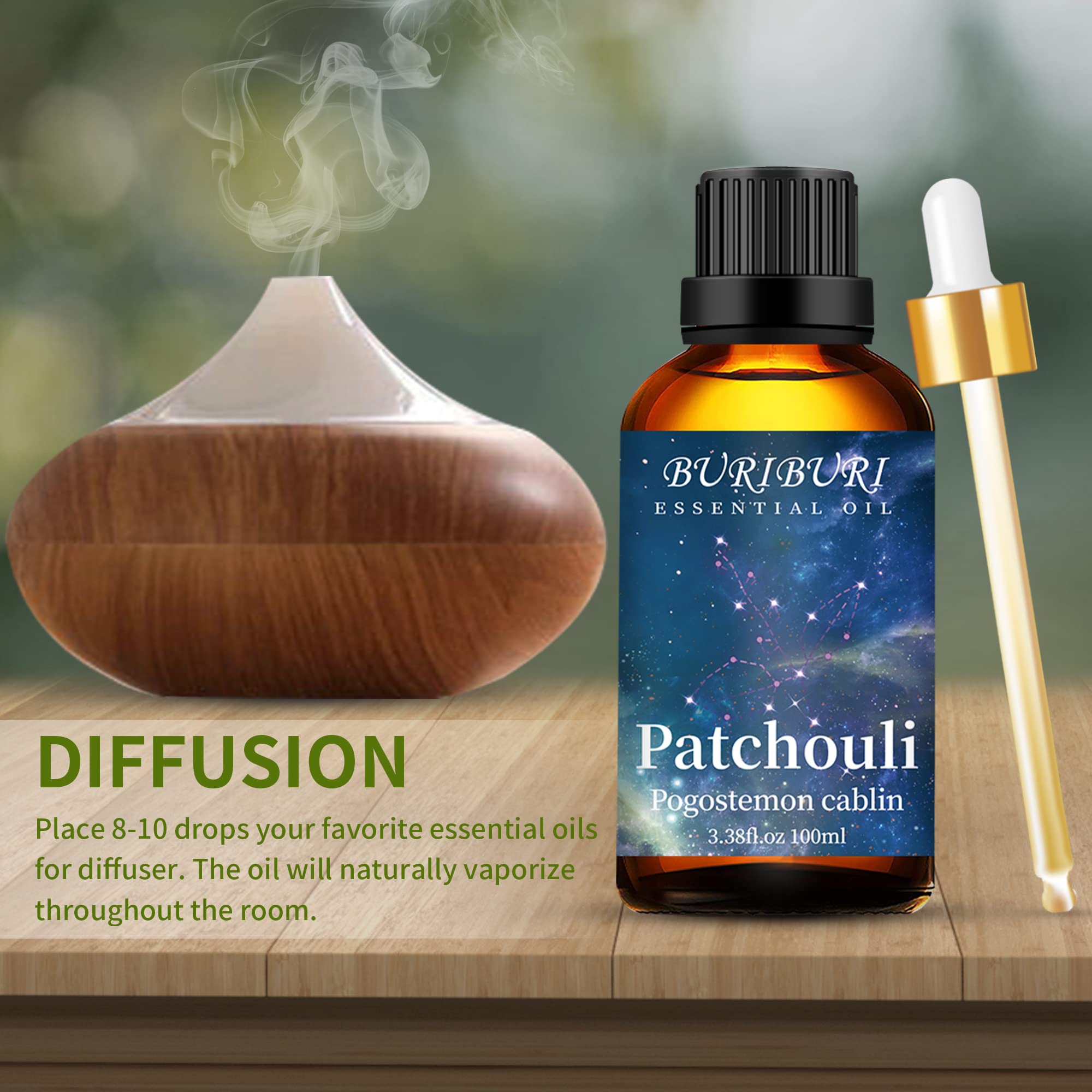 100% Pure Undiluted Patchouli Essential Oil - 100ML/3.38fl.oz for Aromatherapy, Soap Making, Candle Making, Massage, Diffuser & Humidifier | Relaxing Scent for Stress Relief, Meditation & Home Spa