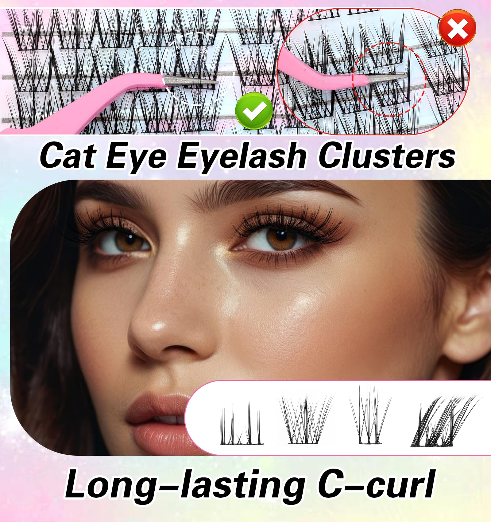 Cat Eye Cluster Lashes - 140pcs 3 Styles Wispy C Curl Fox Eye Lashes Set with Bottom Lashes | Natural Looking False Eyelashes Clusters for Makeup | Ultra-Thin Fine Strip & Stabilized Curl | Perfect for Daily Wear, Parties & Special Occasions