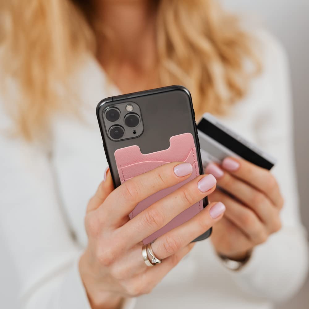 Premium Leather Phone Card Holder - Sticky Back Wallet for iPhone & Samsung - Stretchy Credit Card Holder for Phone Case - 2 Pack Pink - Perfect for Travel, Shopping & Daily Use