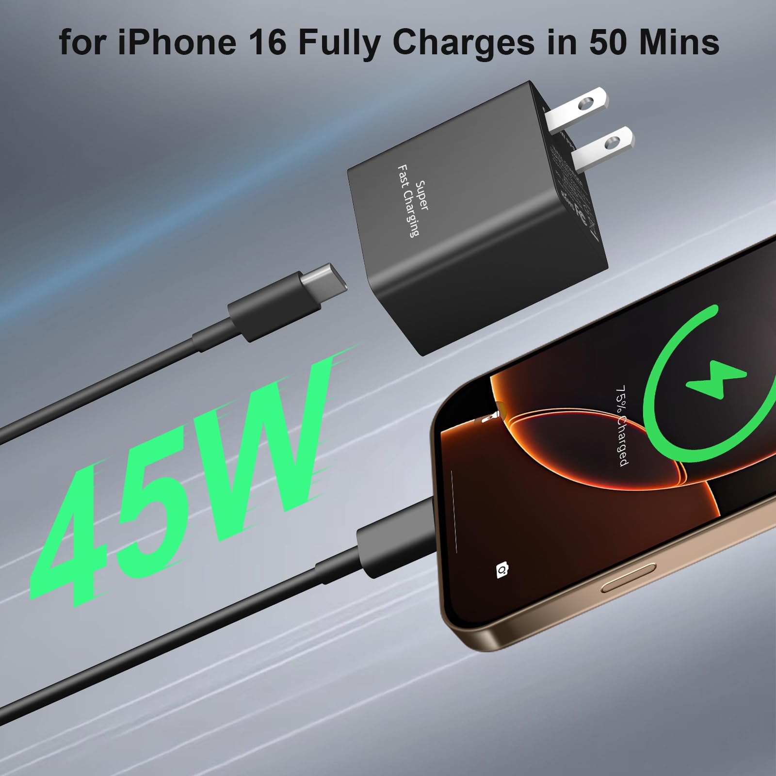 Apple MFi Certified 45W USB-C Fast Charger with 10FT Type-C Cable - Compatible with iPhone 16/15 Series, Galaxy S24/S23 - Perfect for Home, Office & Travel Charging