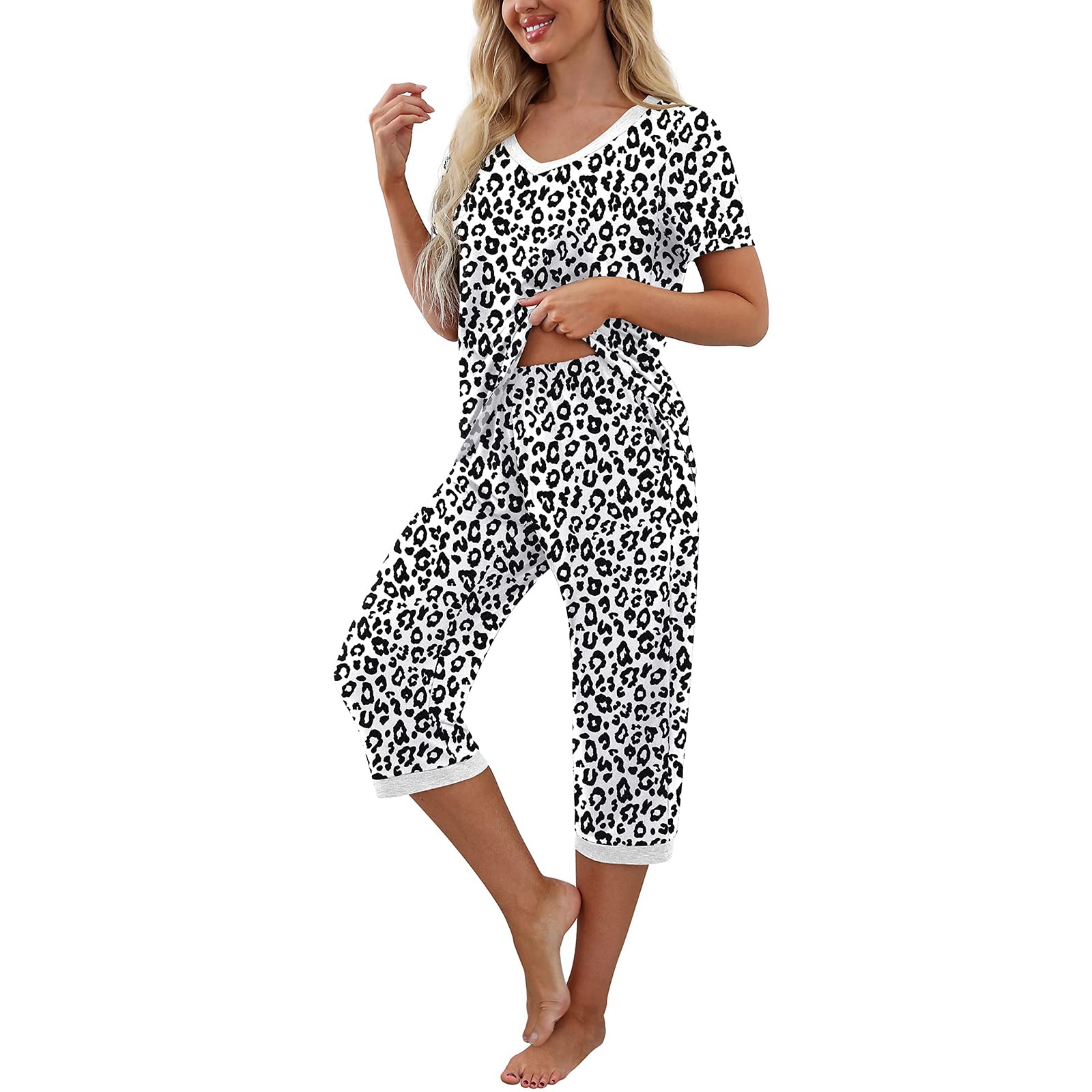 Franhais Women's Short Sleeve V-Neck Pajama Set - 2 Piece Lounge Sleepwear with Pockets | Soft & Comfortable PJS Outfit for Sleeping, Lounging at Home, and Relaxing