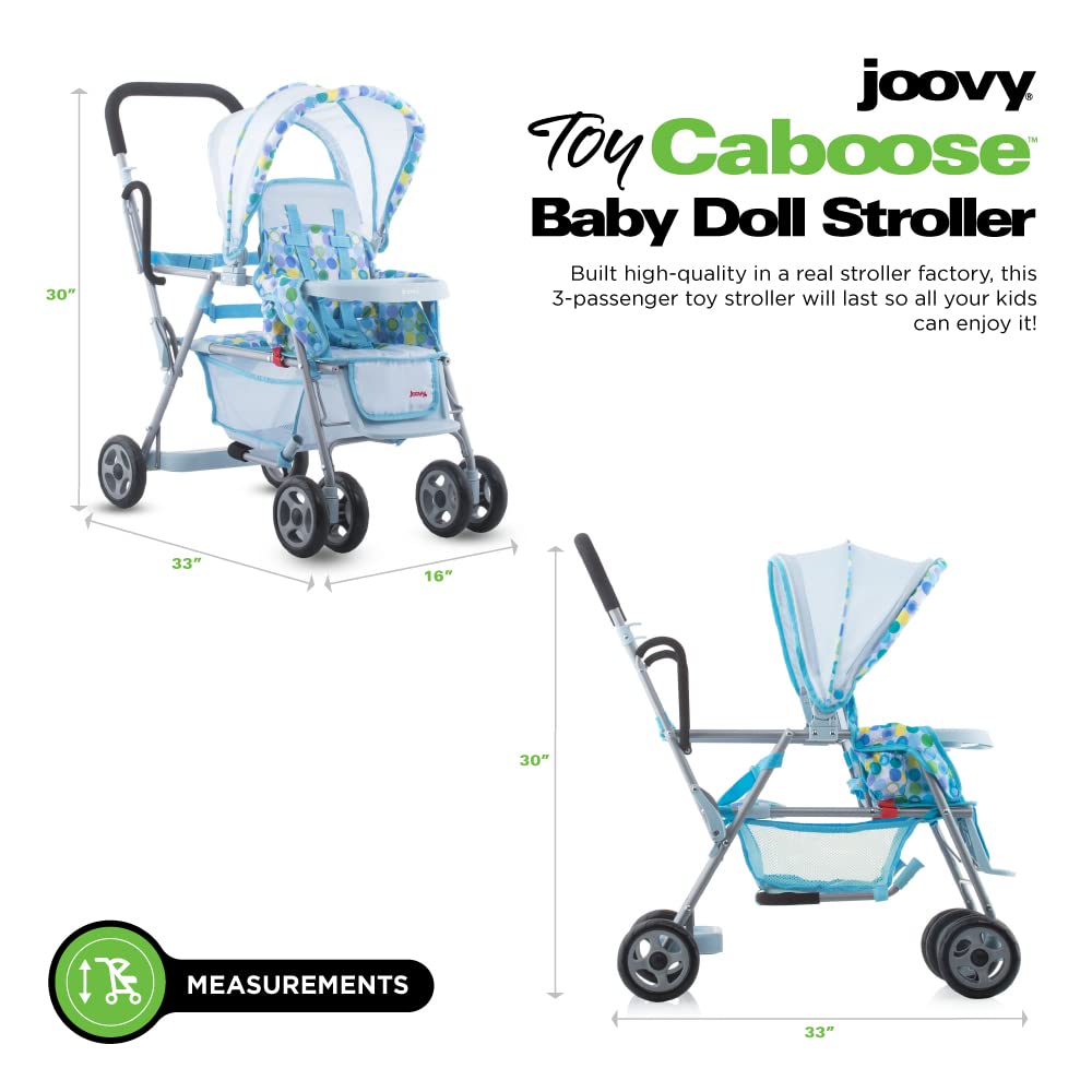 Joovy Toy Caboose Baby Doll Stroller - Reclining Front Seat, Adjustable Footrest, Storage Basket & Extendable Canopy | Holds 3 Dolls | Blue Dot | Perfect for Pretend Play, Daycare & Indoor/Outdoor Playtime